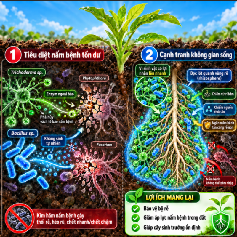 Xử lý nấm bệnh trong đất nhờ Chế phẩm vi sinh Trichoderma và Bacillus